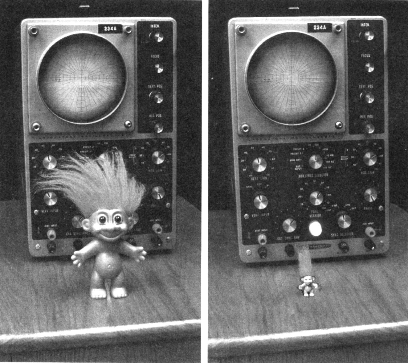 a tiny troll by an oscilloscope